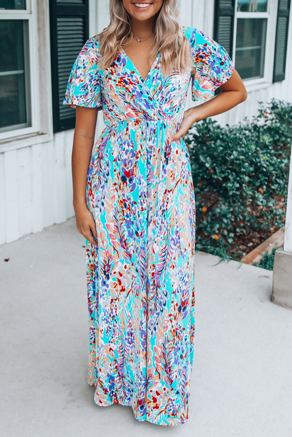 Green Wrap V Neck Floral Maxi Dress