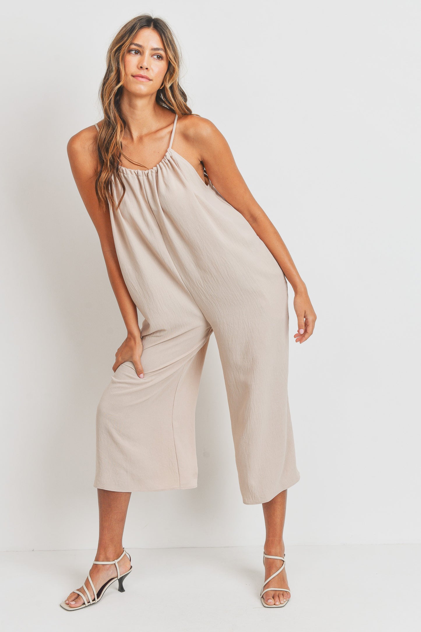 Drawstring Neck Adjustable Strap Woven Jumpsuit