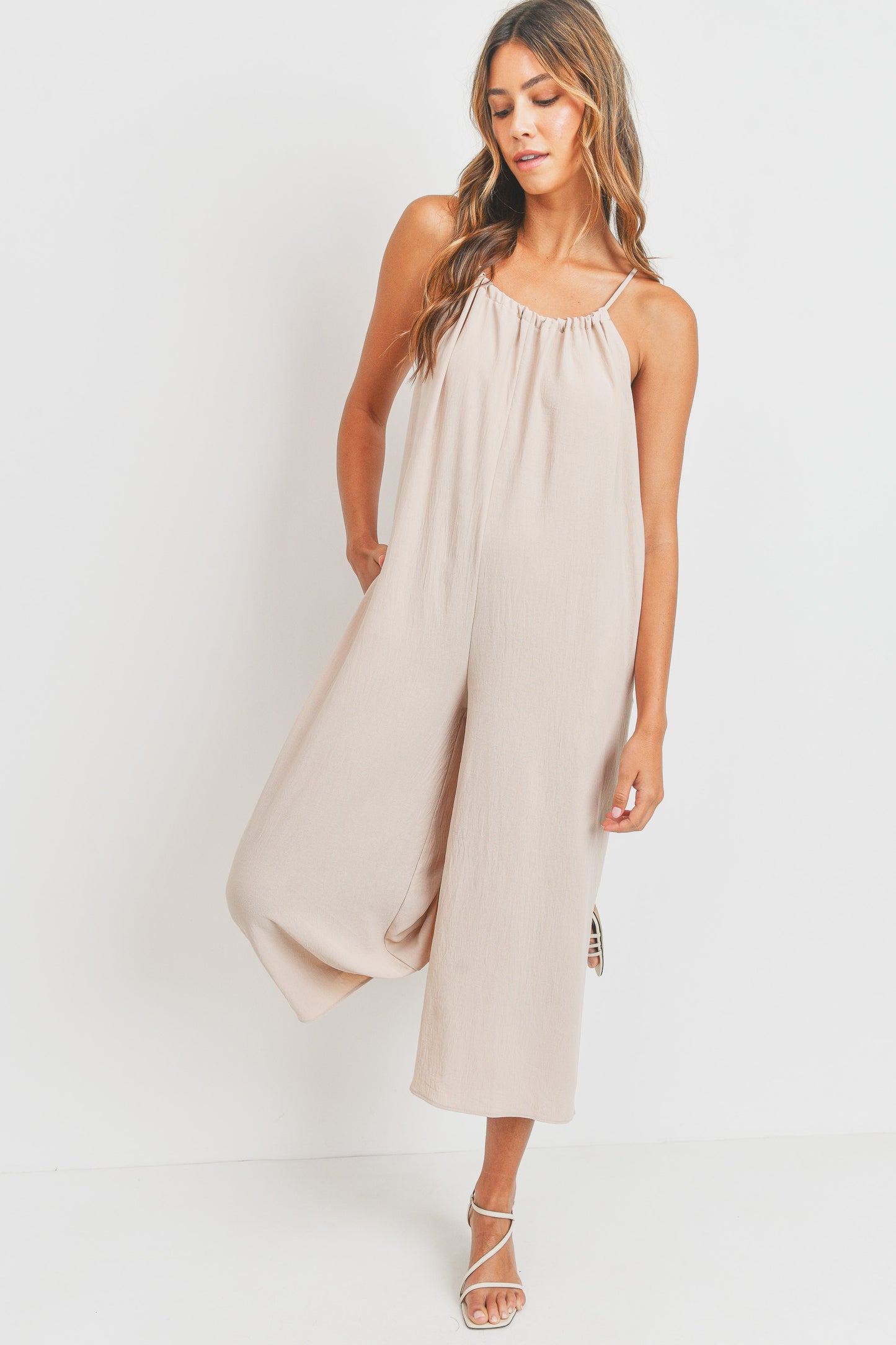 Drawstring Neck Adjustable Strap Woven Jumpsuit