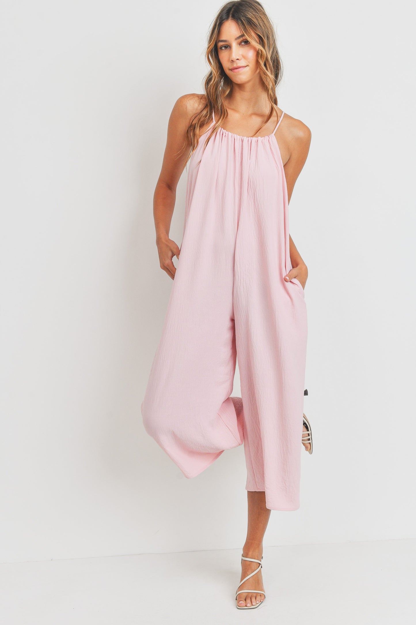 Drawstring Neck Adjustable Strap Woven Jumpsuit