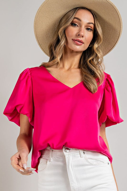 V-Neck Puff Sleeve Blouse Top