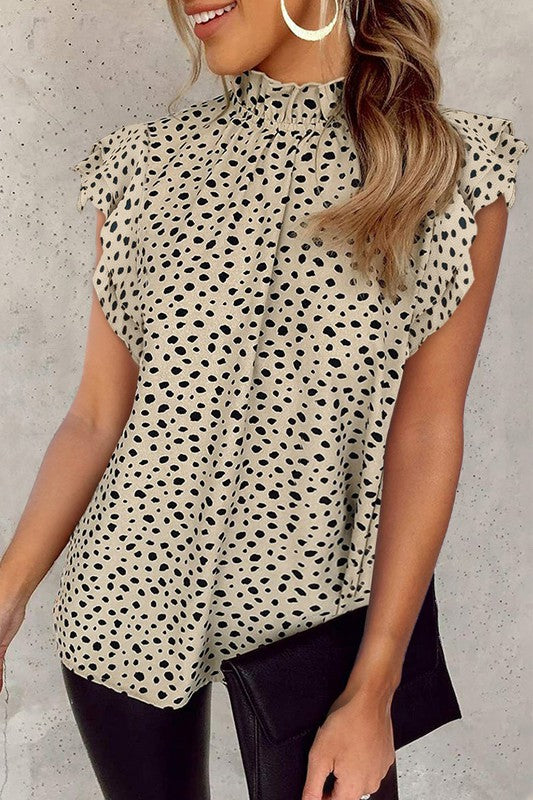 Leopard Ruffle High Neck Flowy Blouse