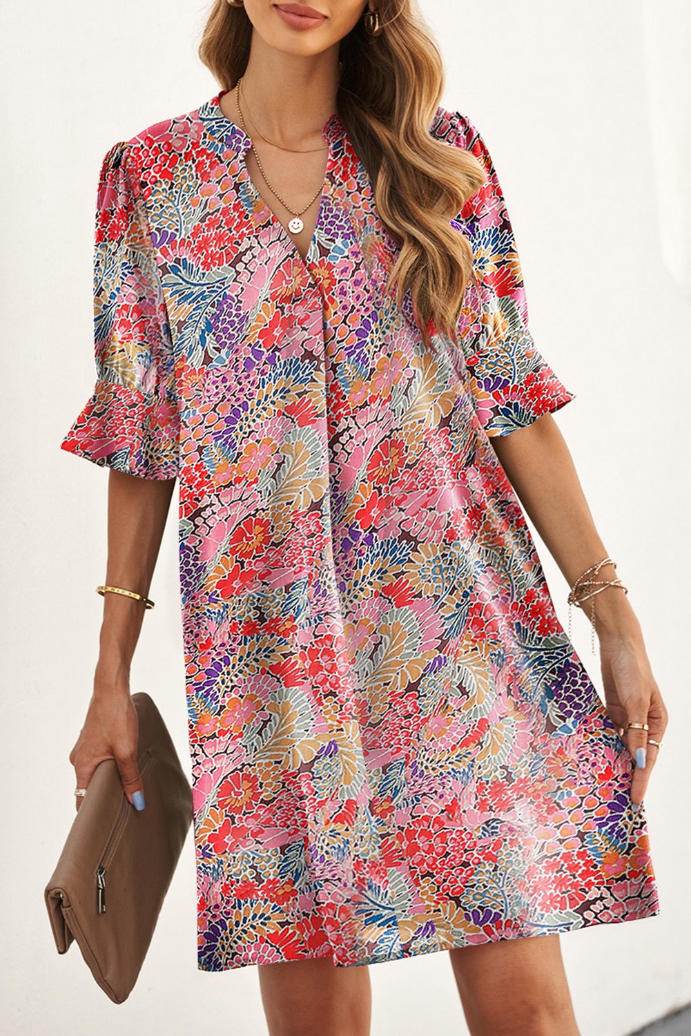 Boho Floral Printed Flutter Sleeve Dress