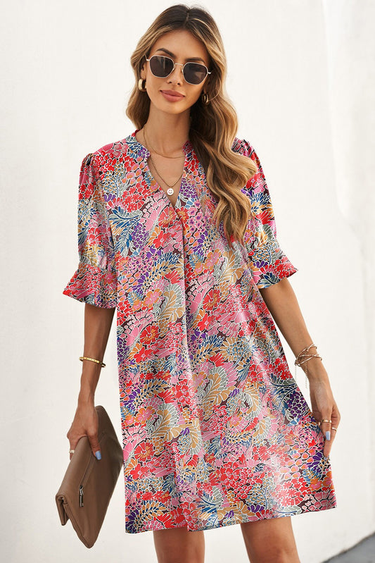 Boho Floral Printed Flutter Sleeve Dress