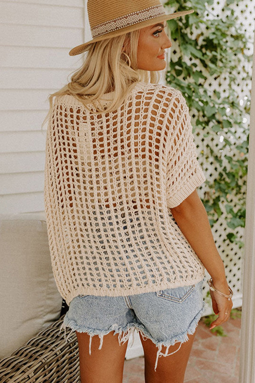 Fishnet Knit Ribbed Round Neck Sweater Tee