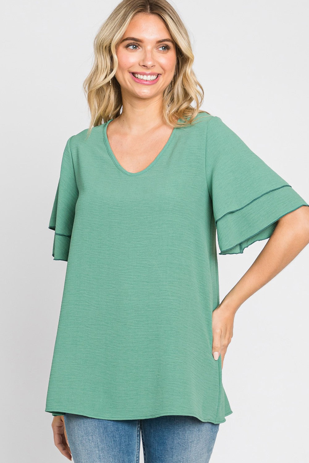 MILANO V-NECK LAYERED RUFFLE SLEEVE TOP