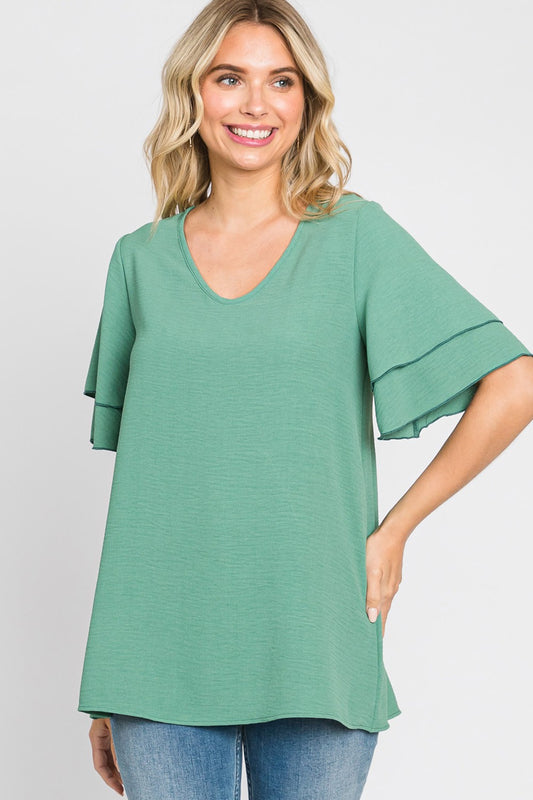 MILANO V-NECK LAYERED RUFFLE SLEEVE TOP