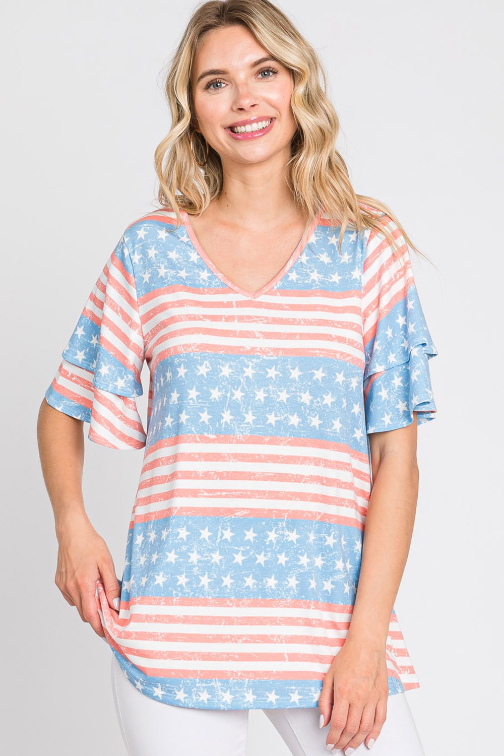 AMERICAN FLAG V-NECK LAYERED RUFFLE SLEEVE TOP