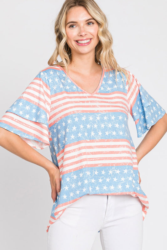 AMERICAN FLAG V-NECK LAYERED RUFFLE SLEEVE TOP