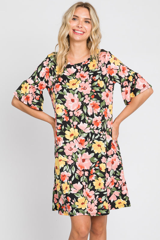 FLORAL PRINT RUFFLE SLEEVE DRESS