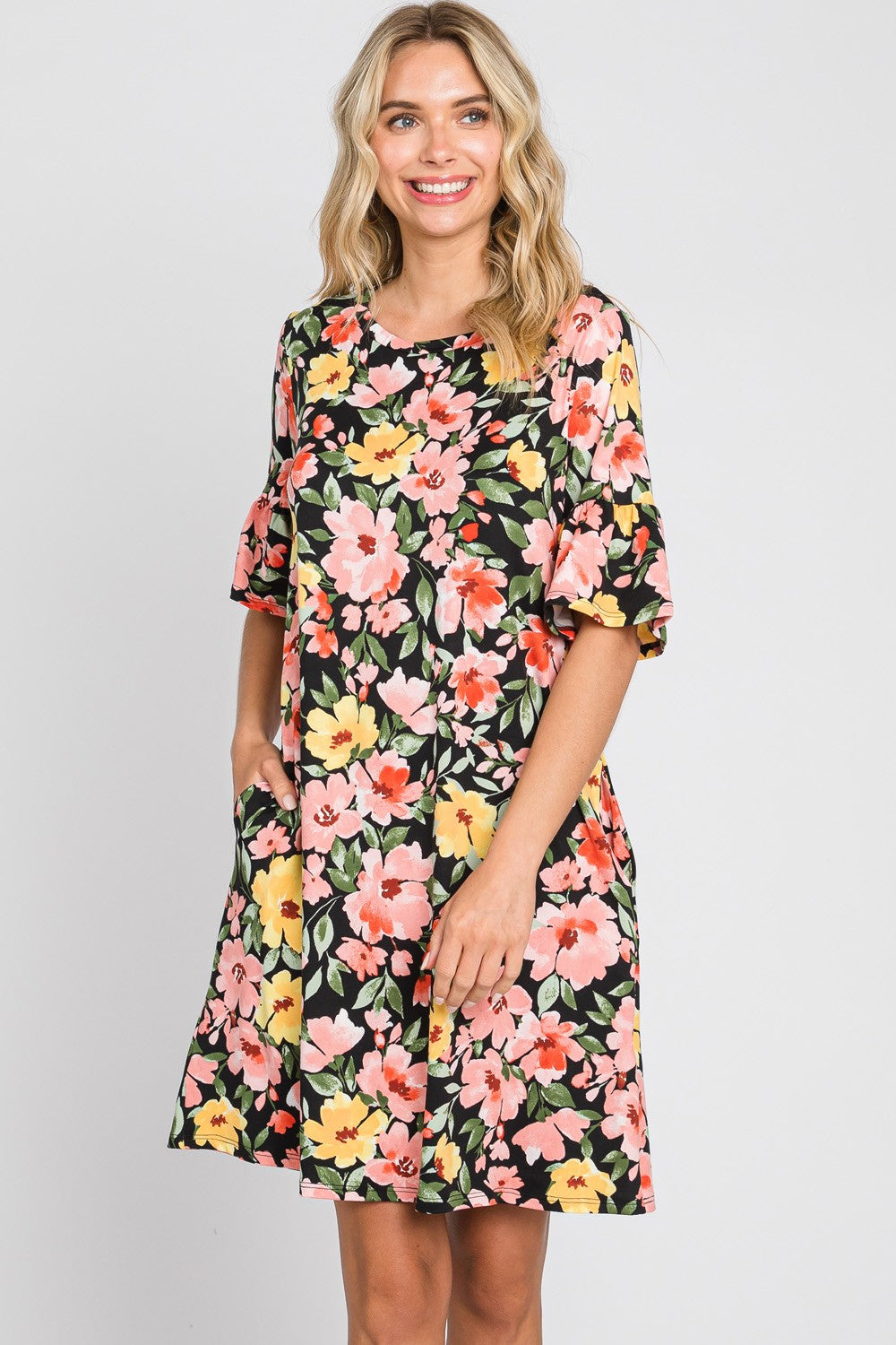 FLORAL PRINT RUFFLE SLEEVE DRESS