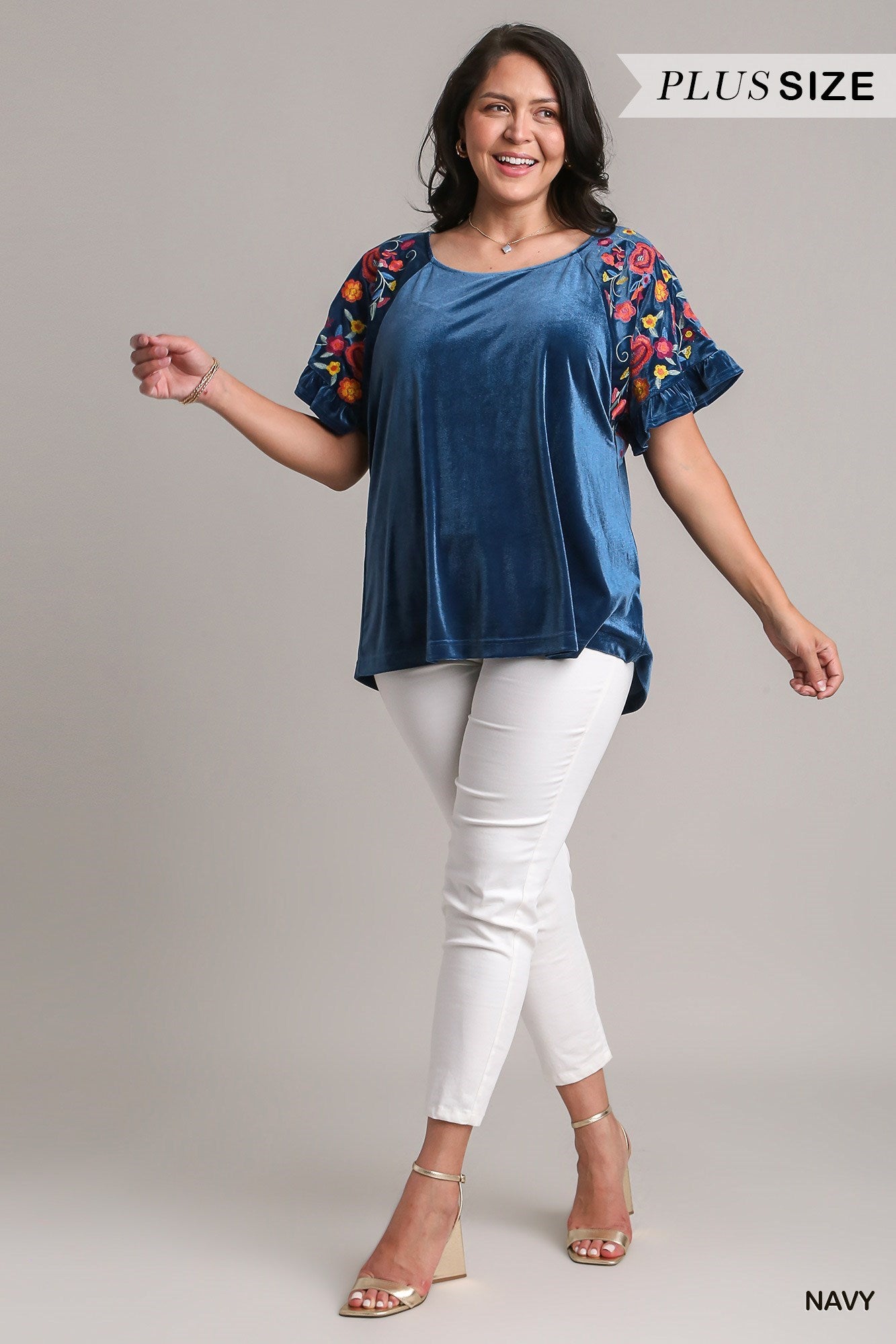 Velvet Embroidery Short Ruffle Sleeve Top PLUS