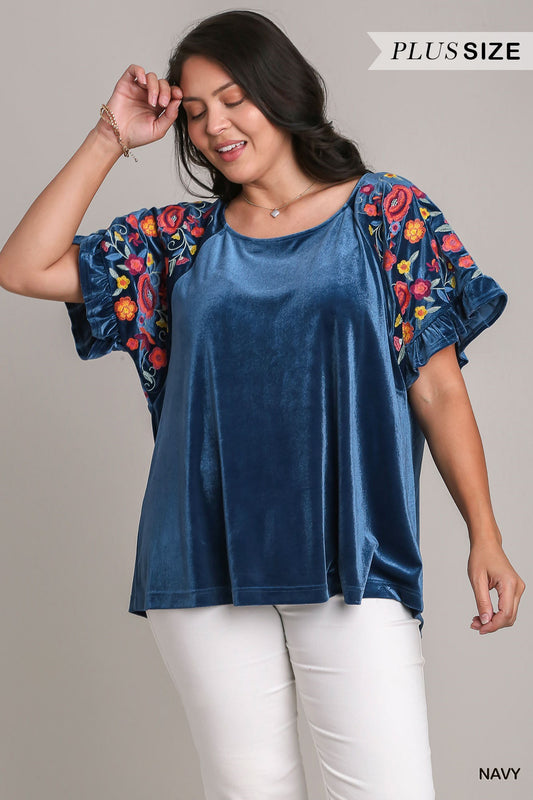 Velvet Embroidery Short Ruffle Sleeve Top PLUS